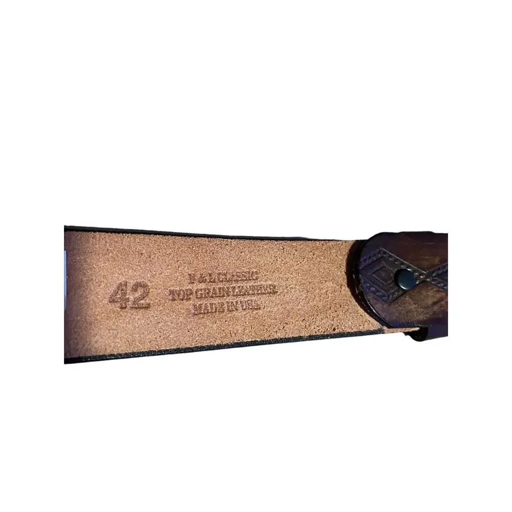 F & L Classic Top Grain Leather Men's Belt 42 Wide Browns Engraved Design